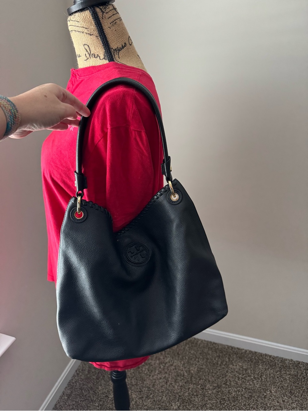 Tory Burch McGraw Black Pebbled Leather Shoulder Bag